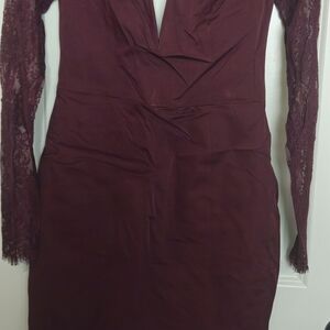 House of CB Wine Long Sleeve Lace Dress